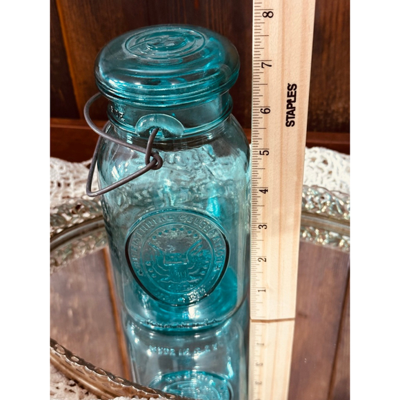 Vintage Ball Ideal Aqua Blue Glass Jar Bicentennial 1776-1976 Wire Bail Lid - Picture 6 of 10